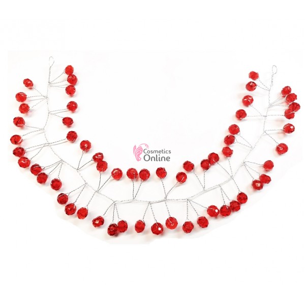 Accesoriu modern pentru decor par WED08MM Argintiu cu cristale Rosii de 30cm + 2 Agrafe